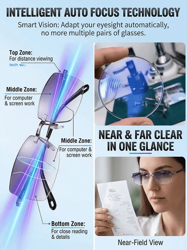 [SEE NEAR, MID & FAR — WITH ONE PAIR]-Smart Zoom Multi-Zone Reading Glasses